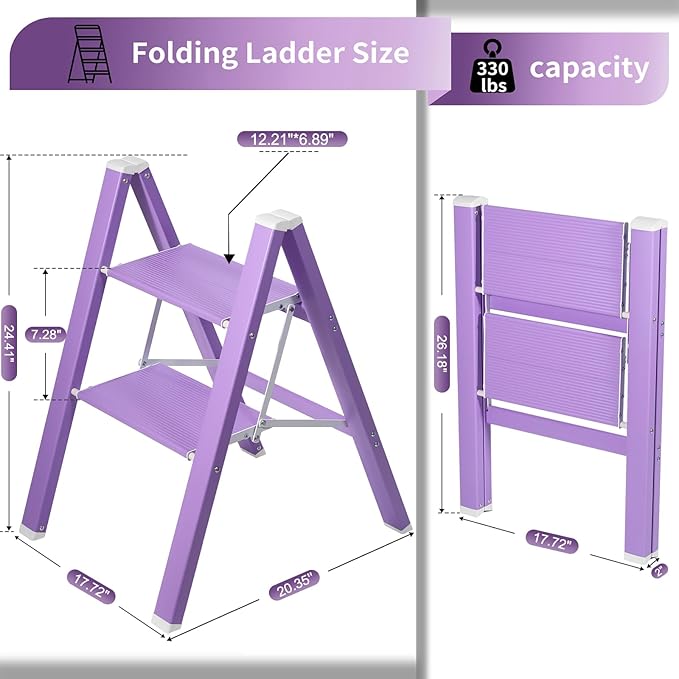 2 Step Lightweight Folding Ladder for Home, 330lbs Aluminum Step Ladder Anti-Slip for Kitchen, Step Stool Foldable Adults for Closet, 330lbs - Purple