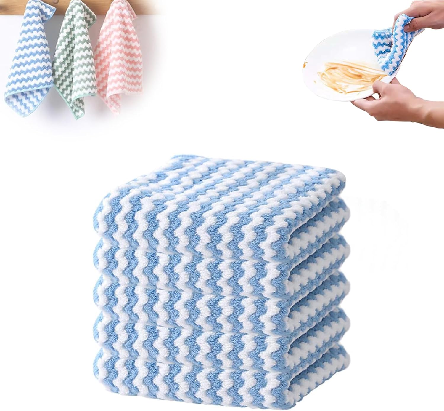 Coral Fleece Striped Rag Cleaning Dish Cloth, Reusable and Washable Microfiber Cleaning Rag, Absorbent Streak Free Lint Free Rags, Kitchen Clean Towels for Scrubs Dishes, Sinks Cleans (Blue, 3PCS)