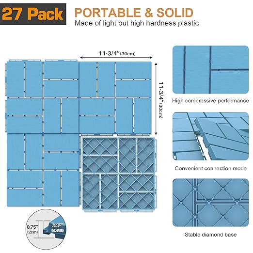 Goovilla Plastic Interlocking Deck Tiles, 27 Pack Outdoor Patio Flooring, 12"x12" Interlocking Decking Tile Outdoor All Weather Use, Waterproof Patio Pavers for Pool Balcony Backyard Porch, Blue