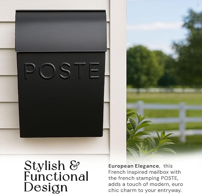 NACH French Mailboxes for Outside Wall Mount, 15 x 9.5 x 4 inches, Black Wall Mounted Mailbox and Newspaper Holder, Waterproof Mailbox for Door - The Milano Mailbox