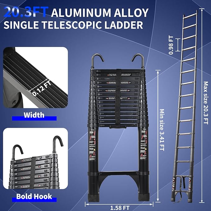 JADDUO 20.3 FT Telescopic Ladder, Aluminium Black Telescoping Ladder with Non-Slip Feet and Stable Hook, Portable Extension Ladder for Household and Outdoor Working, Heavy Duty 330 lbs Max Capacity