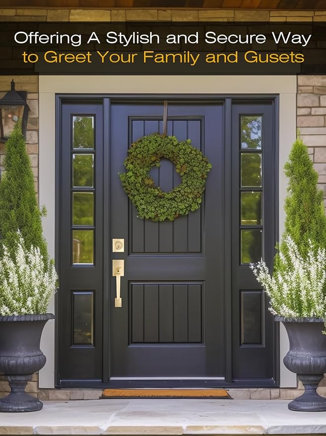 1 Set Entry Door Handle and Single Cylinder Deadbolt Lock and Key, Brass Front Door Lock - Heavy Duty Square Locking Lever Set - Exterior Door Handle in Satin Brass Finish