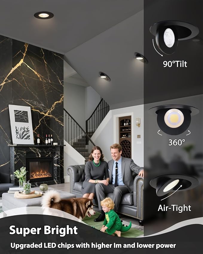 zouzai 6 inch 5CCT Gimbal Black Led Recessed Lights, 360°+90° Adjustable Directional Recessed Lighting, 2700K-5000K Dimmable Retrofit Eyeball Can Lights with Jbox, ETL&Energy Star(Black,6 Pack)