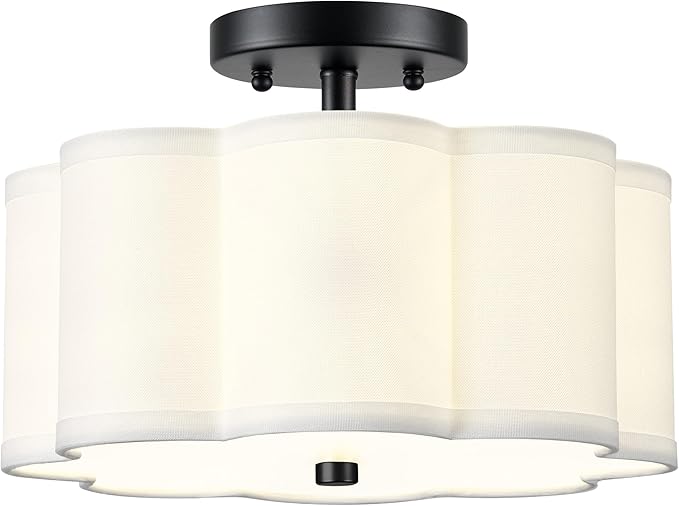 Semi Flush Mount Ceiling Lights, 3-Light 13" Ceiling Light Fixtures with Fabric Shade in Flower Shape, Matte Black Drum Lighting for Nursery Hallway Bedroom Kitchen, AD-22007-3SF-BK