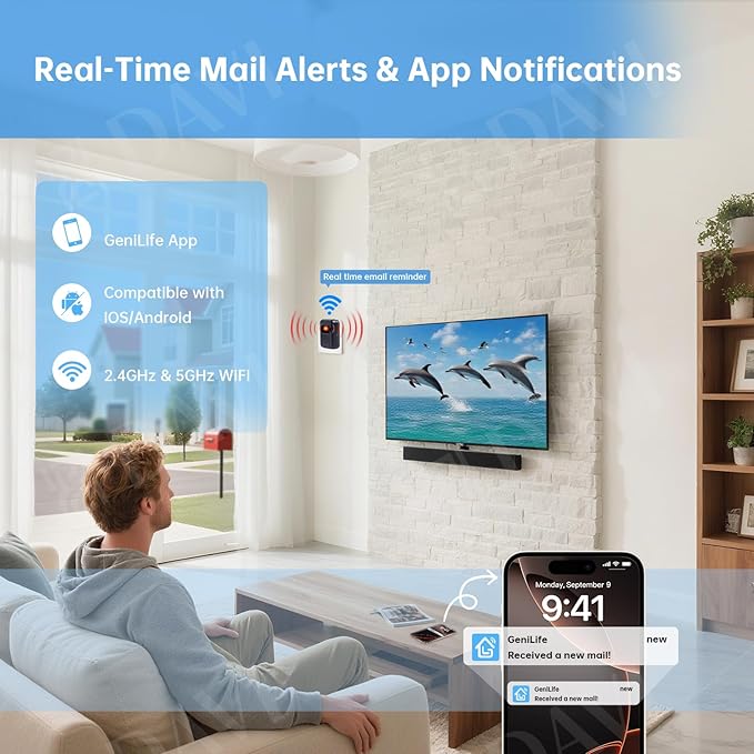 Briidea WiFi Mailbox Alert with LoRa Technology Up to 1200ft Long Range, Updated Sensing Technology Fits for Any Mailbox Type, 2.4 & 5GHz Dual-Band WiFi Compatible