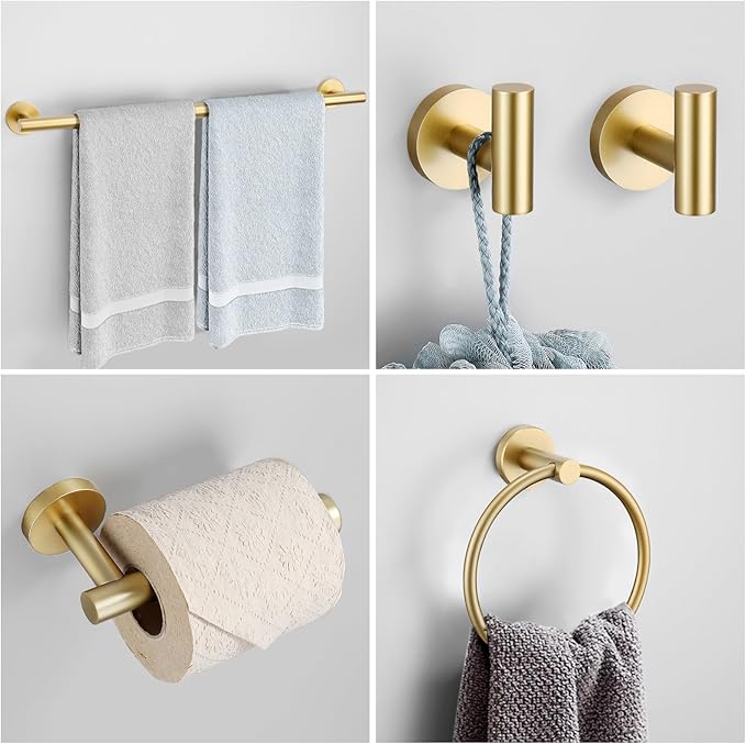Brushed Gold Bathroom Hardware Accessories Set 4 Pieces Towel Bar Set Modern Round Towel Ring 19.68 in Towel Bar Towel Hook and Toilet Paper Holder Stainless Steel Wall Mounted