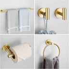 Brushed Gold Bathroom Hardware Accessories Set 4 Pieces Towel Bar Set Modern Round Towel Ring 19.68 in Towel Bar Towel Hook and Toilet Paper Holder Stainless Steel Wall Mounted