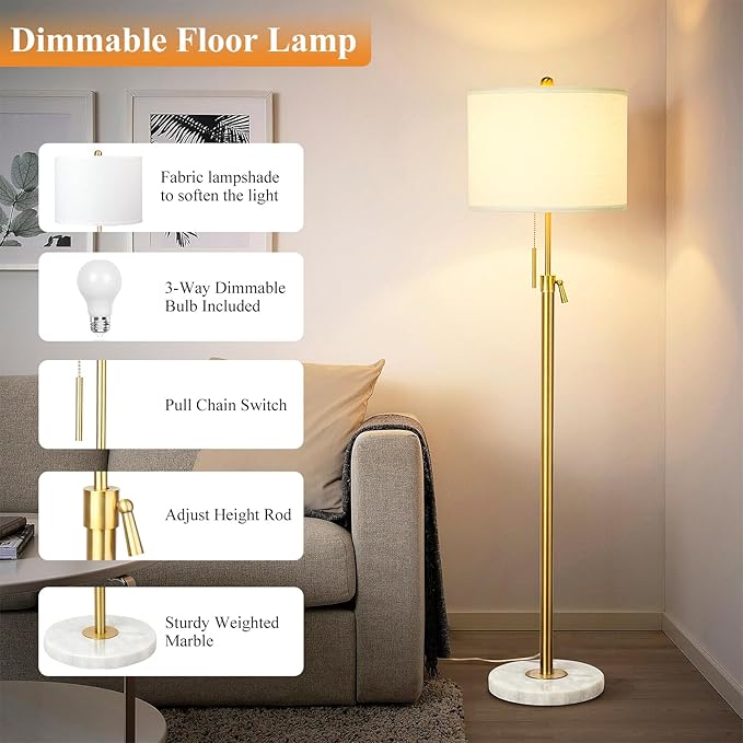 【Upgrade】 Gold Floor Lamps for Living Room, 55"-67" Height Adjustable Modern Standing Lamp with Marble Base, Pull Chain Switch, 3-Way Dimmable Tall Pole Lamp for Bedroom Office Reading, Bulb Included