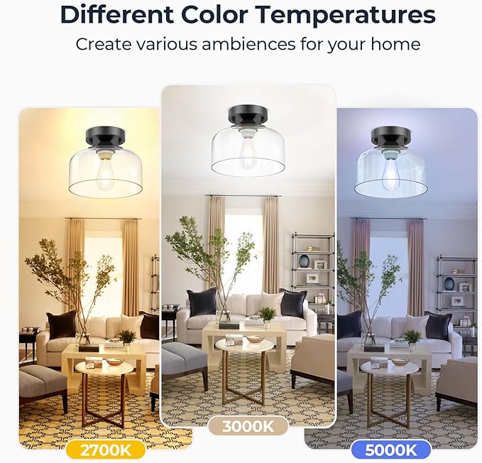 Semi Flush Mount Ceiling Light - Clear Glass Pendant Lamp Shade, Matte Black Finish, Modern Farmhouse Light Fixture for Hallway Corridor Kitchen Entryway Bedroom, Bulb Not Included