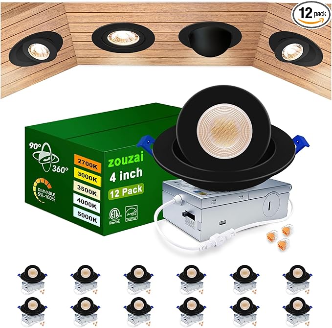 zouzai 4 inch 5CCT Gimbal Black Led Recessed Lights, 360°+90° Adjustable Directional Recessed Lighting, 2700K-5000K Dimmable Retrofit Eyeball Can Lights with Jbox, ETL&Energy Star (Black,12 Pack)