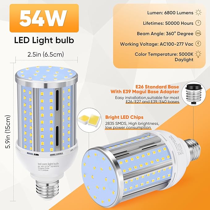6 Pack 54W Corn LED Light Bulb,(480 Watt Equivalent) Fanless E26/E27 Medium Base LED Cob Lamp 5000K Daylight 6,800LM for Outdoor Indoor Garage Warehouse Factory Workshop Street Backyard