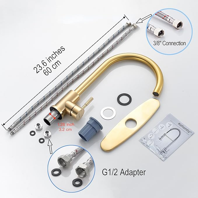 Single Handle High Arc Brushed Gold Kitchen Faucet Stainless Steel Commercial Single Hole Kitchen Sink Faucet, Modern One Hole Bar Sink Faucet with Deck Plate