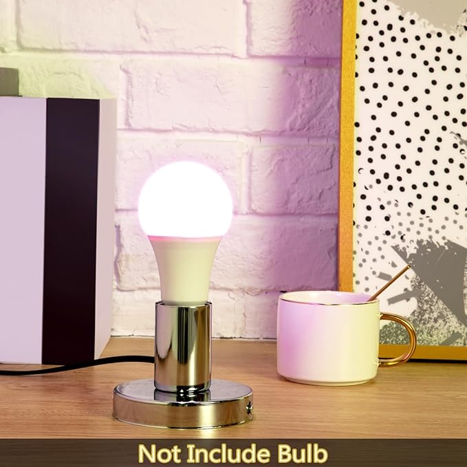 Tuanse 2 Pcs Polished Metal Desktop Lamp Base E26 E27 Screw Light Bulb Holder Sockets Night Light Base Lamp Replacement for Holding Bulb 6 Feet Cord on Off Switch Plug(Silver)