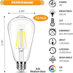 5000K Daylight LED Edison Bulbs 40W Equivalent, 4W ST19 LED Light Bulb, E26 Standard Base, 90 CRI, Non-Dimmable, 12 Pack
