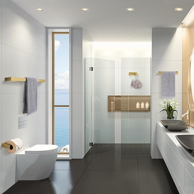Lairuier Bathroom Hardware Accessories Set, Brushed Gold 4-Piece Bathroom Hardware Set Including Towel Bar,Towel Holder, Toilet Paper Holder, Towel Hook, Stainless Steel Bath Towel Bar Set