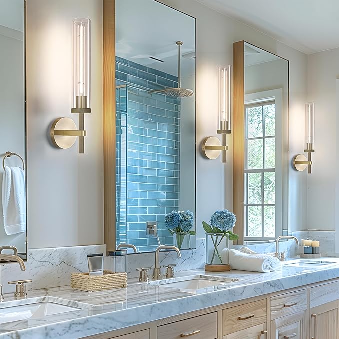 Modern Brass Hardwired Wall Sconces, 21'' Knurled Bathroom Wall Sconce, Indoor Wall Sconce,Copper and Tube Glass Vanity Light, for Living, Bedroom, Hallway, Staircases, Include Bulbs