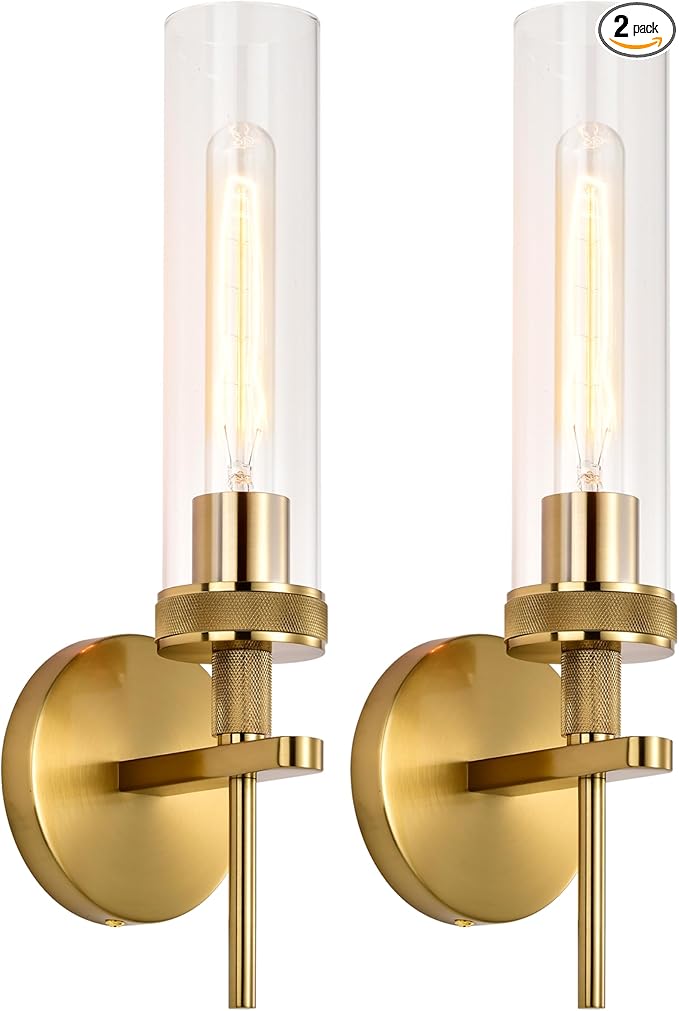Gold Bathroom Light Fixtures Over Mirror, Vanity Lights Set of 2 with Knurled Texture, Brushed Gold Wall Sconces with Clear Glass Shade, Modern Industrial Bathroom Lighting for Bedroom, Living Room