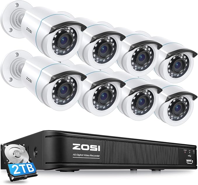 ZOSI 1080P H.265+ Home Security Camera System with AI Human Vehicle Detection, 5MP 3K Lite 8 Channel CCTV DVR Recorder with 2TB Hard Drive and 8 x 1080p Surveillance Bullet Camera Outdoor Indoor