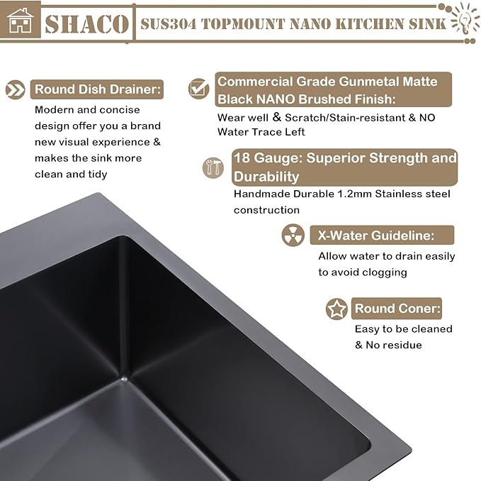 SHACO 15x20 Inch Black Drop In Bar Sink, 15 Inch Top Mount RV Kitchen 16 Gauge Stainless Steel Sink for Small Kitchen Wet Bar Prep RV Yard Office Laundry with Dish Grid & Drain, Gunmetal Black