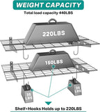 EVERHANGER Wall Mounted Garage Wall Shelves, 2 x 4 ft Metal Storage Shelves, Heavy Duty Wall Shelving with Hooks, Holds Up to 220 Lbs, Black