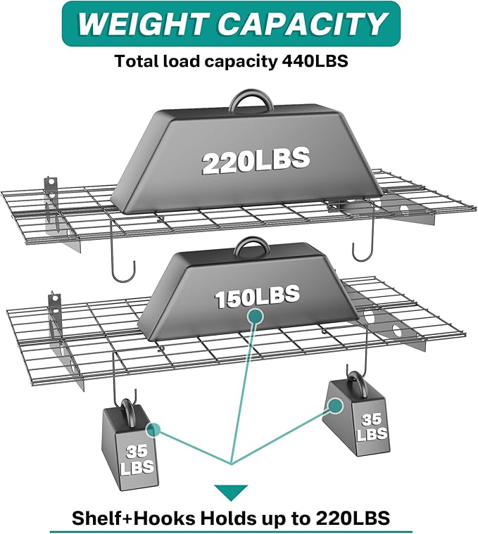 EVERHANGER Wall Mounted Garage Wall Shelves, 2 x 4 ft Metal Storage Shelves, Heavy Duty Wall Shelving with Hooks, Holds Up to 220 Lbs, Black