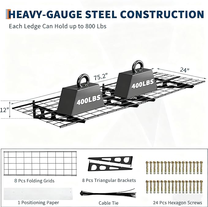 GarveeHome 2 Pack 2x6 ft Garage Storage Shelving Wall Mounted, 24 in-by-72 in 1600 LBS Heavy Duty Sturdy Storage Shelves, Wall Shelves Folding Storage Garage Organization for Warehouse, Laundry