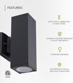 ASD 2 Light Square Dusk to Dawn Outdoor Wall Light Fixture | 120W E26 Bulb Socket 120V ETL Cylinder Up Down Lights | LED/CFL/Incandescent Bulb Wall Sconce | Front Door, Porch, Patio | Black