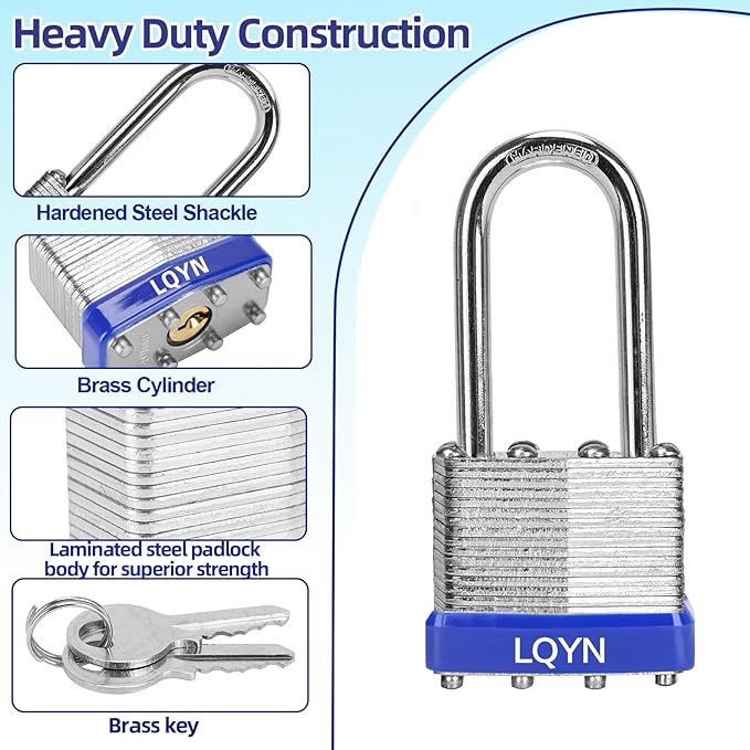 Padlocks with Same Key, LQYN 100 Pcs Laminated Keyed Padlock (1-9/16", 40mm), Keyed Alike Locks, Long Shackle, for Storage Locker, Hasp Latch, Toolbox, Sheds