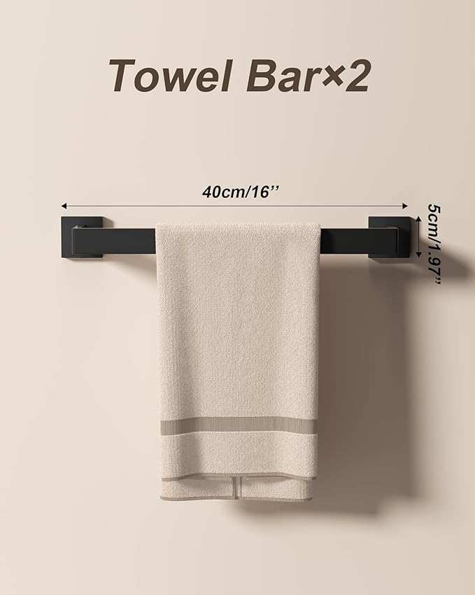 Matte Black Bathroom Hardware Accessories Set, 10-Piece Stainless Steel Towel Rack Set with 2×24" Towel Bars, 2×Toilet Paper Holders with Shelves, 2×Towel Rings, 4×Towel Hooks