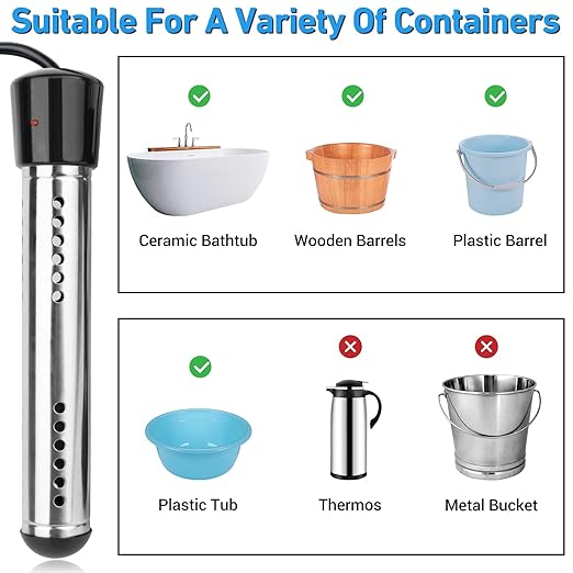 Immersion Water Heater Electric, 2000W Portable Hot Water Heater with 304 S S Guard & LCD Thermometer, Submersible Water Heater Heats up 5 Gallons of Water in Minutes for Bucket Bathtub Small Pool