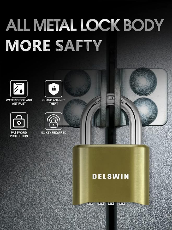 DELSWIN 4-Digit Combination Lock Outdoor Padlock - Heavy Duty Locker Lock with Hardened Steel Shackle, Waterproof Combo Lock for Gym Locker, Hasp Storage, Shed, Fence, Gate (Brass,1Pcs)