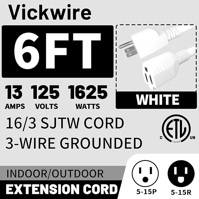 16/3 White Indoor Outdoor Extension Cord 6 Ft Waterproof, Heavy Duty Extension Cord with 3 Prong Grounded Plug,13A 1625W 16AWG SJTW, Flexible Weatherproof Power Cable