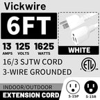 16/3 White Indoor Outdoor Extension Cord 6 Ft 2 Pack Waterproof, Heavy Duty Extension Cord with 3 Prong Grounded Plug,13A 1625W 16AWG SJTW, Flexible Weatherproof Power Cable