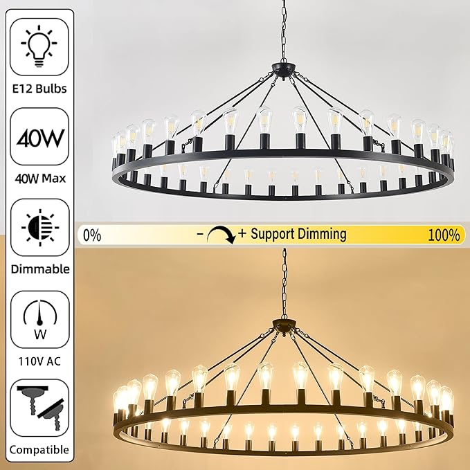 Large black wagon wheel chandelier 64 inch,36-Light Farmhouse wagon Wheel Chandeliers Round Industrial ceiling light fixtures for outdoor porch high ceilings Living Dining Room Foyer Entryway