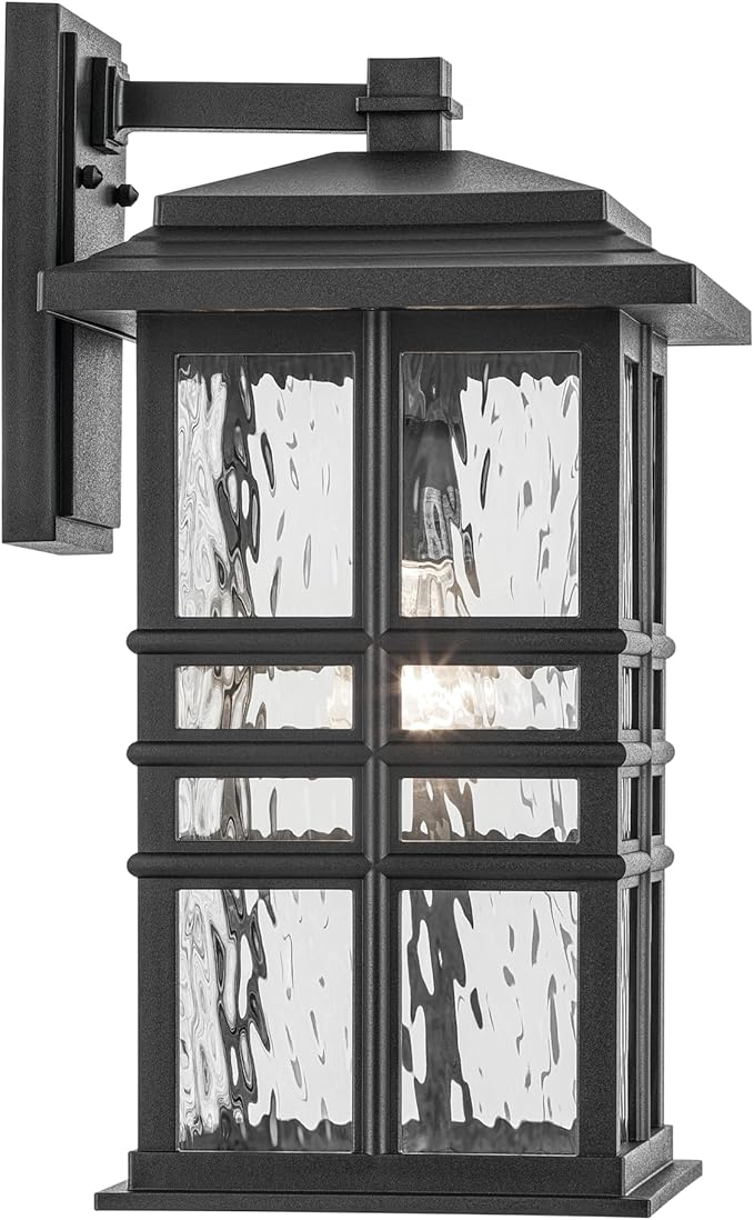 KICHLER Beacon Square 17.25" 1-Light Outdoor Wall Light with Clear Hammered Glass in Textured Black, for Exterior Doors, Garage, Porch, or Patio (17.25" x 9.5"), 49831BKT