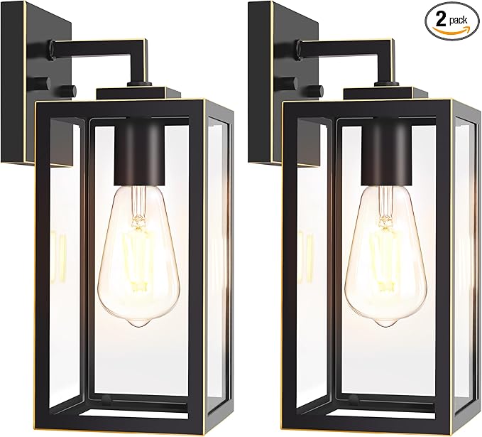 Outdoor Wall Light Fixture, Black Exterior Lantern with Clear Tempered Glass for Front Porch, Gold Trim Design, 2-Pack, E26 Base, Lanterns for Lighting, Lights for Wall mounting
