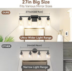 4-Light Bathroom Light Fixtures, 27" Modern Vanity Lights Over Mirror with Clear Glass Shades, Matte Black Light Fixture, Classic Wall Light Fixture for Mirror Living Room Cabinet Bedroom Porch