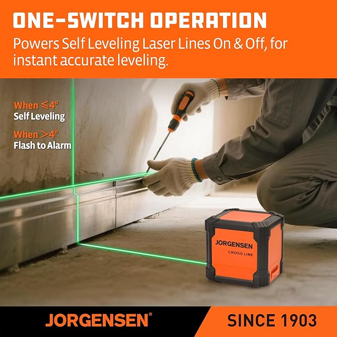 JORGENSEN Laser Level with Tripod, 65 FT Self Leveling Cross Line Laser Leveler Tool with 360° Magnetic Base, Green Laser Level for Picture Hanging, Home Renovation, Indoor Project
