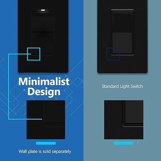 LIDER Minimalist Design Matte Finish Lighted Decorator Switch, Frameless Paddle Light Switch with Locator Light, Grounding Screw, 3-Way or Single Pole, 15A 120V, UL Listed, LS15-3W-BK, Black