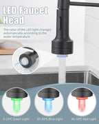 Black Kitchen Faucet with LED light,Kitchen Faucet with Soap Dispenser,Faucet for Kitchen Sink,Single Handle Stainless Steel Kitchen Sink Faucets with Pull Down Sprayer,Camper Farmhouse RV Sink Faucet