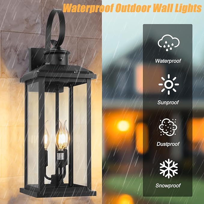 24" Dusk to Dawn Outdoor Wall Light Fixture 2 Pack-Black Extra Large Modern Porch Lantern 3-Light, Waterproof Exterior Lighting Sconce Wall Mount, Outside Lamp for Entryway Garage Coach E12 Base