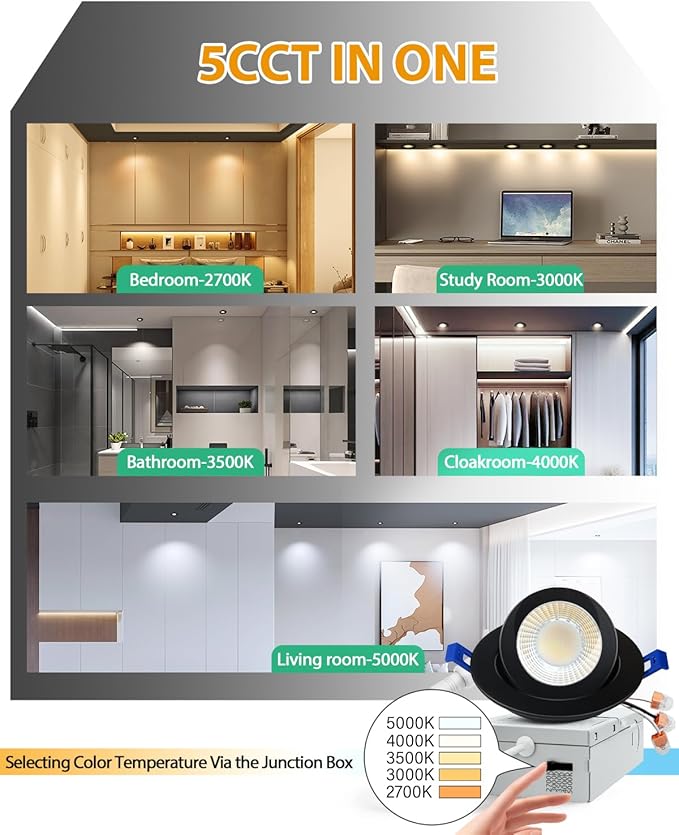 zouzai 12 Pack 3 Inch Black Adjustable Gimbal LED Recessed Light, 360° Rotation & 90° Tilt for Precise Lighting, 5CCT Dimmable Eyeball Light with Junction Box, ETL & Energy Star