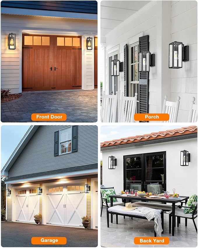 VIANIS Outdoor Wall Light Fixtures,Dusk to Dawn Outdoor Wall Lanterns,Anti-Rust Wall Mounted Lighting with Glass Shade, Black Wall Lamp with E26 Socket for Porch, 2 Pack