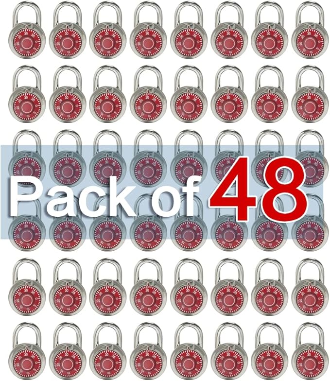 LanuBe Standard Dial Combination Lock, 2 in. Wide, with Different Combinations, Red Turnplate, Pack of 48; Lock for School, Employee, Gym Sports Locker, Case, Toolbox, and so on