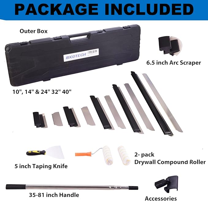 Drywall Tools Skimming Blade with Extension Handle - 10", 14", 24"& 32" 40" Blades with 2 Pack 0.3 mm Blades, Construction Tools End Caps, with Outer Box, Drywall Roller,Taping Knife