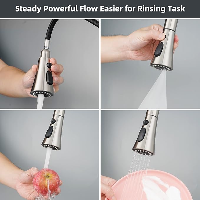 Hibbent 3-Function Pull Down Kitchen Faucet Head Replacement with 12 Adapters, NSF/ANSI/CAN 61 & CUPC Certified Sink Spray Nozzle, Compatible with Moen, Delta, Kohler Faucets, Brushed Nickel