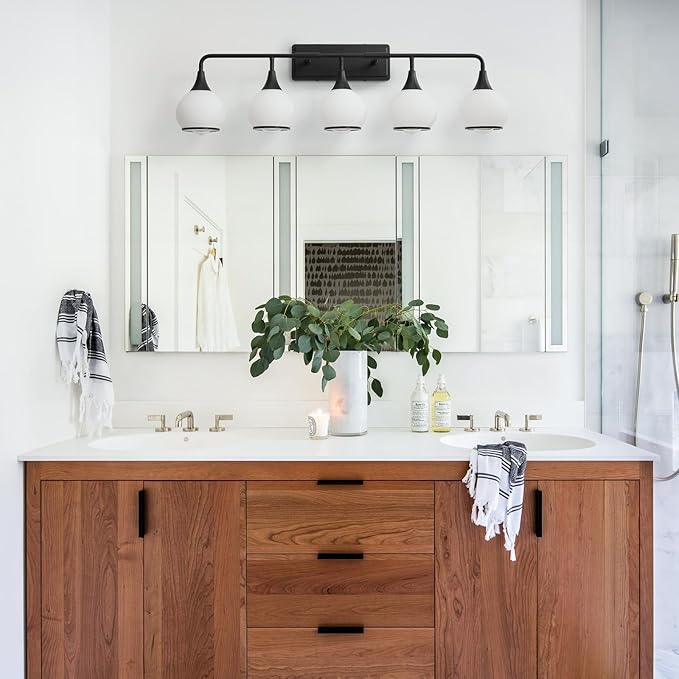 Black Bathroom Light Fixtures 5-Lights Vanity Lights with Milky White Frosted Glass Shade Bathroom Vanity Light 39.2 inch Wall Sconce Lighting Bath(Exclude E26 Bulb)