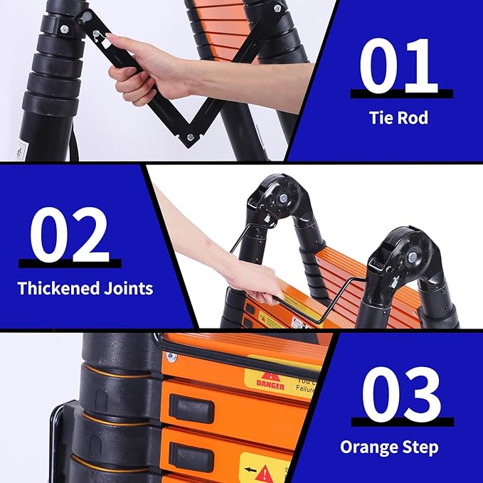 JADDUO Telescoping Ladder A Frame,18.5 Ft Compact Aluminum Extension Ladder,Portable Telescopic RV Ladder for Outdoor Camper Trips Motorhome with Tool Platform and Stabilizer Bar 330 lbs, Black Orange