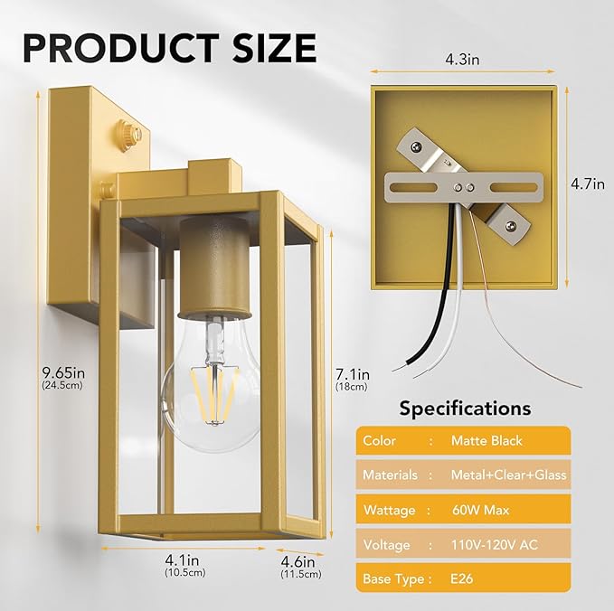 PARTPHONER Dusk to Dawn Outdoor Light Fixtures, 2-Pack Sensor Porch Lights, Waterproof Exterior Wall Sconce Lighting Lamp, Waterproof Wall Lantern for House, Doorway, Garage (Gold)