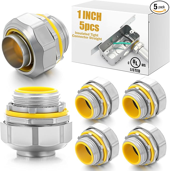 Gisafai 5 Pcs Liquid Tight Connector Straight Insulated Zinc Die Cast Metal Tight Electrical Conduit Fittings for 1 Inch Flexible and Type B Flexible
